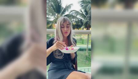 Me- Sexy Beauty Girl Model. Chopsticks and Exotic Fruits