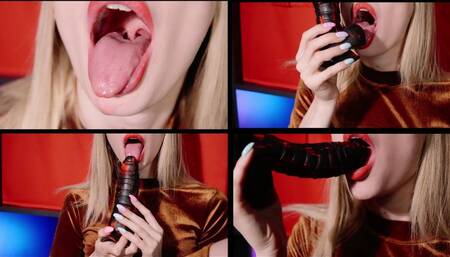 Sloppy dildo blowjob with much drools from sexy blonde in the velvet dress