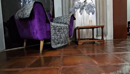 Balbina ultra sexy dangling on black stilettos and purple satin blouse