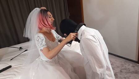 Lady ANGELA wedding gown and pleaser boots role play cucked groom femdom bride cuckold humiliation