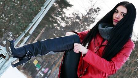 Long-legged beauty in high heels, walking and driving, pedal pumping