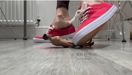 Giantess in sneakers crushes and plays with tiny man