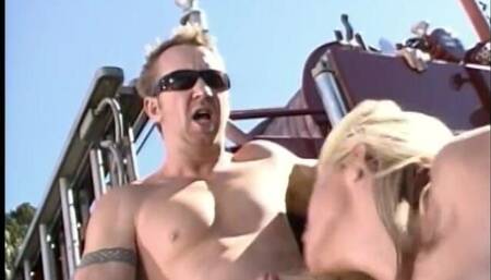 Stunning Blonde Babe Gets Both Her Holes Pounded Outdoors by Two Firemen
