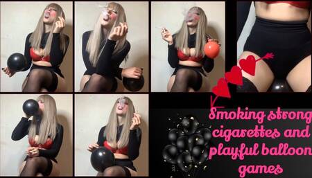 Whore beauty chainsmokes and plays with balloons
