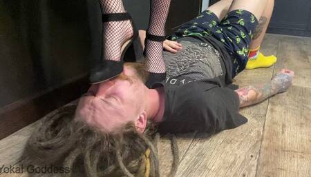 Tough trample and shoes worship in suede heels and fishnet stockings