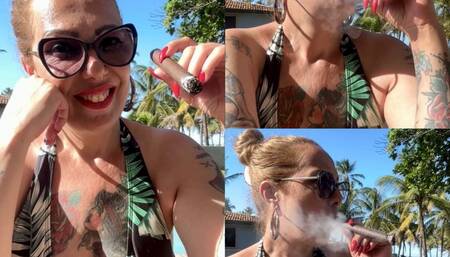Cigar - Smoking my cigar in the hotel pool area - Deep Inhales, Dangling, Cough, Swimsuit, Red lipstick, long red nails, Sunglasses