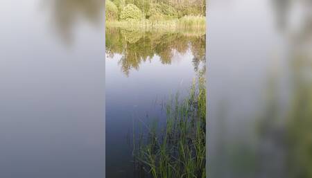 Transgirl Swimming in Clothes in Lake Wearing All Black: Pantyhose, Skirt and Top. Wetlook in Lake.
