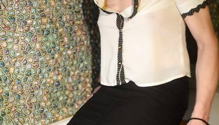 Wetlook in Bathroom in Black Pantyhose, Black Skirt and White Blouse...