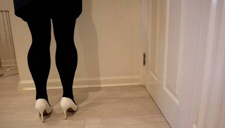 Heel Tapping and calf flexing in White Stilettos And Black Tights