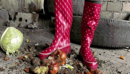 Jeannette destroys vegetables in red rubber bootsSD