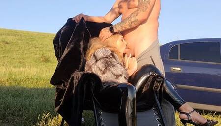 outdoor blowjob, pussy fuck, creampie