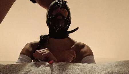 Bound and Hooded in a Bed I Have My Mouth Fucked. Ring Gag, Lot of Spit and Huge Oral Creampie