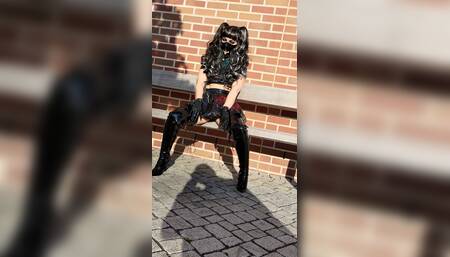 Watch outdoor in galaxy crop top , skirt and overkneeboots, big wig pigtail cosplay style.