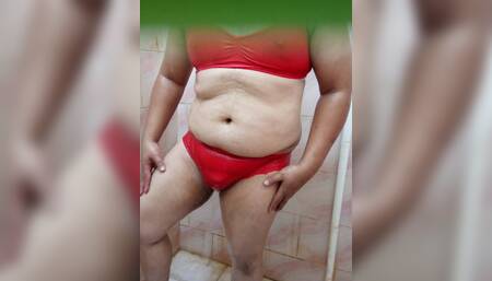 In the Bathroom I Vented My Sexual Desires in Madam Fatma's Red Panties and Sexy Bra