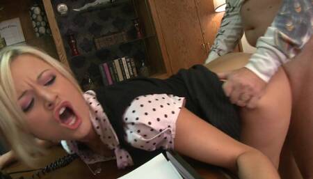 Young blonde babe receives a large prick in her bald pussy