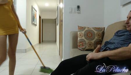 18 Years Old CFNM, Old Man Self Hand Job Watching Young and Sexy Cleaning Lady