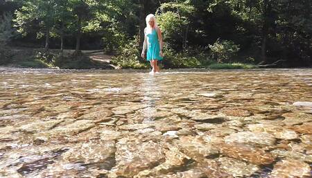 Sexy T-girl Swimming in Mountain River and Wetting Teal Summer Dress...
