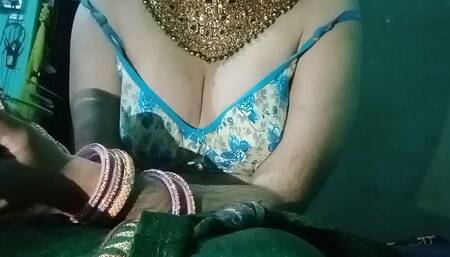 Indian Gay Crossdresser Gaurisissy Pressing His Boobs so Hard and Enjoying in Green Saree