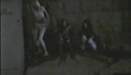 many girls pee outdoor at a village festival