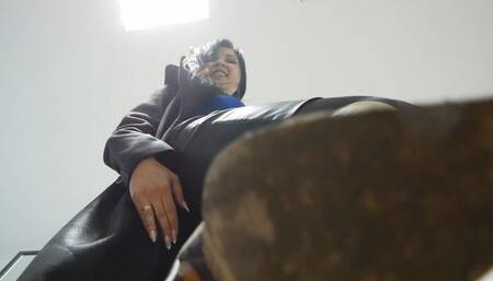 POV Beautiful long-legged hottie dominates the cameraman and makes him lick her heels POV