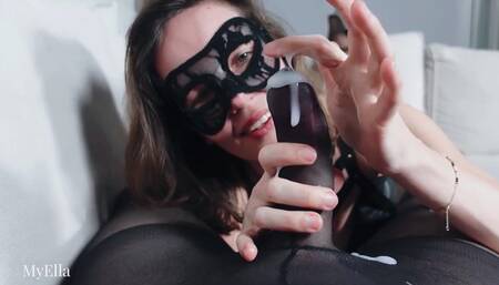 Messy handjob in mens pantyhose