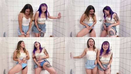 matching girls pee in the shower together