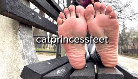 NYC park feet, barefoot leather shoe and sock removal, sparkly french tip milf toes, leggings, foot fetish size 9