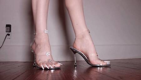 M - Long White Toenails in Pretty Silver Heels