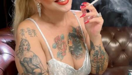 Newport - Smoking doll, in her long metallic leather dress - Smoker's cough, Coughing with smoke residue, Puffs in your face, Deep Inhales, Multiple pumps, Puffs, Nose exhales, Long drag, Smoke rings, Perfect makeup, Red lipstick, Long red nails, Hair pul