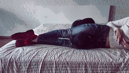 Scissors in jeans and red ugg boots