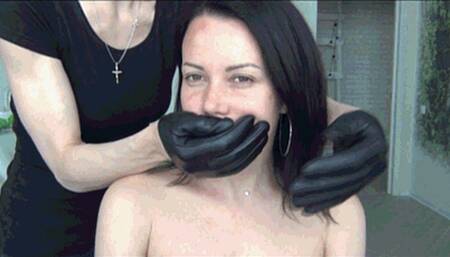 Leather gloves on the neck and face of the brunet sm (HOM)