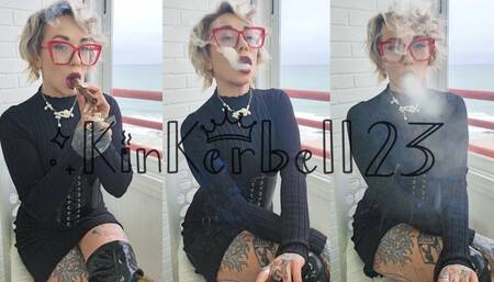 Enjoying cigar wearing glasses, tight dress and boots - Kinkerbell23