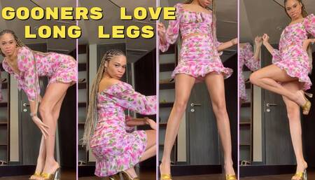 Gooners Love Long Legs- Ebony Goddess Rosie Reed Long Leg Tease In Gold High Heels And Flirty Skirt Gooner Leg Tease- standard definition