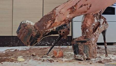 Chocolate Cake Mess in the Kitchen Wearing Very High Stiletto Heels