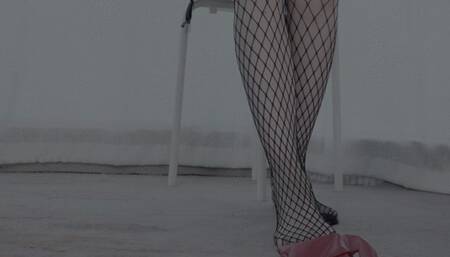 Asian leather fetish girl show her red long boots