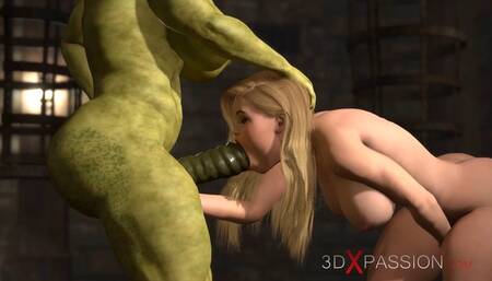 Futa orc with a huge dick fucks hard a sexy blonde slut in the castle