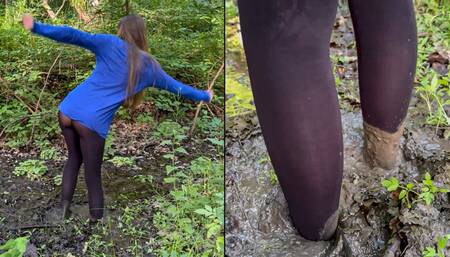 Nastya walking on nature and getting stuck in the mud