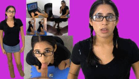Geek girl eRica finds your bukkake video collection, sucks your cock & takes a facial!