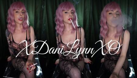 Smoking VS120s in Pink Bra and Fishnet Bodysuit