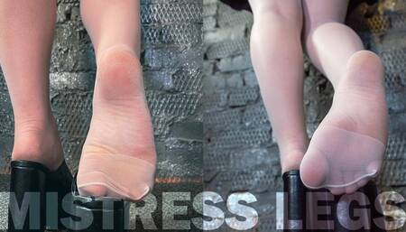 Goddess in white pantyhose foot play with clogs (MP4 4K PORTRAIT)