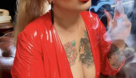 Close-up - Winston 100s - Hell Doll - In hell there are cigarettes baby - Dangling, Smoker's cough, Deep Inhales, Puffs, Nose exhales, Red vinyl Catsuit, Long red nails, Red lipstick, Makeup, Long hair tied back, special effects