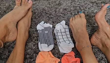 Katherine and Milah sexy socks show of their highly arched feet
