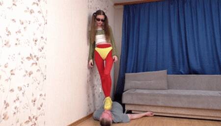 19 yo girl in cosplay outfut and yellow Balenciaga`s steps on guy`s face, vf2860x 1080p