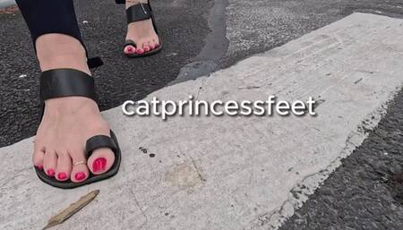 Walk with me to the grocery store and stare at my feet in toe loop leather barefoot sandals, hot pink sparkly long toenails, size 9 milf feet