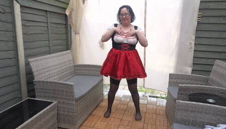 Sexy wench stripping in black nylon Holdup Stockings