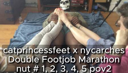 4 feet, 7 nuts, Double Goddess Footjob Marathon, back to back 1-5 orgasms of 7, bbc toejob solejob, pov2 toes and arches view