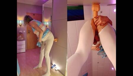 Tgirl Anna Riding Her Big Dildo on a Big Mirror and Cums