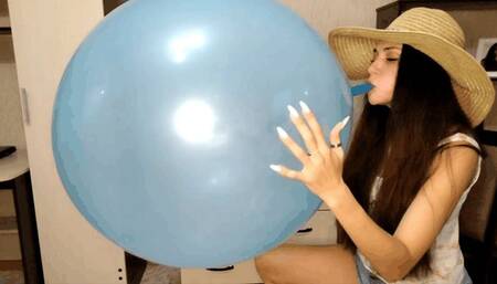 Plump lips will blow up a blue balloon