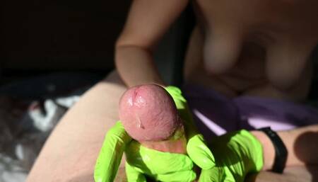 Handjob with green Latex Gloves