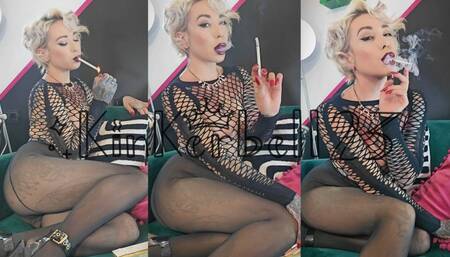 Chainsmoking wearing tights, fishnet top and heels - Kinkerbell23